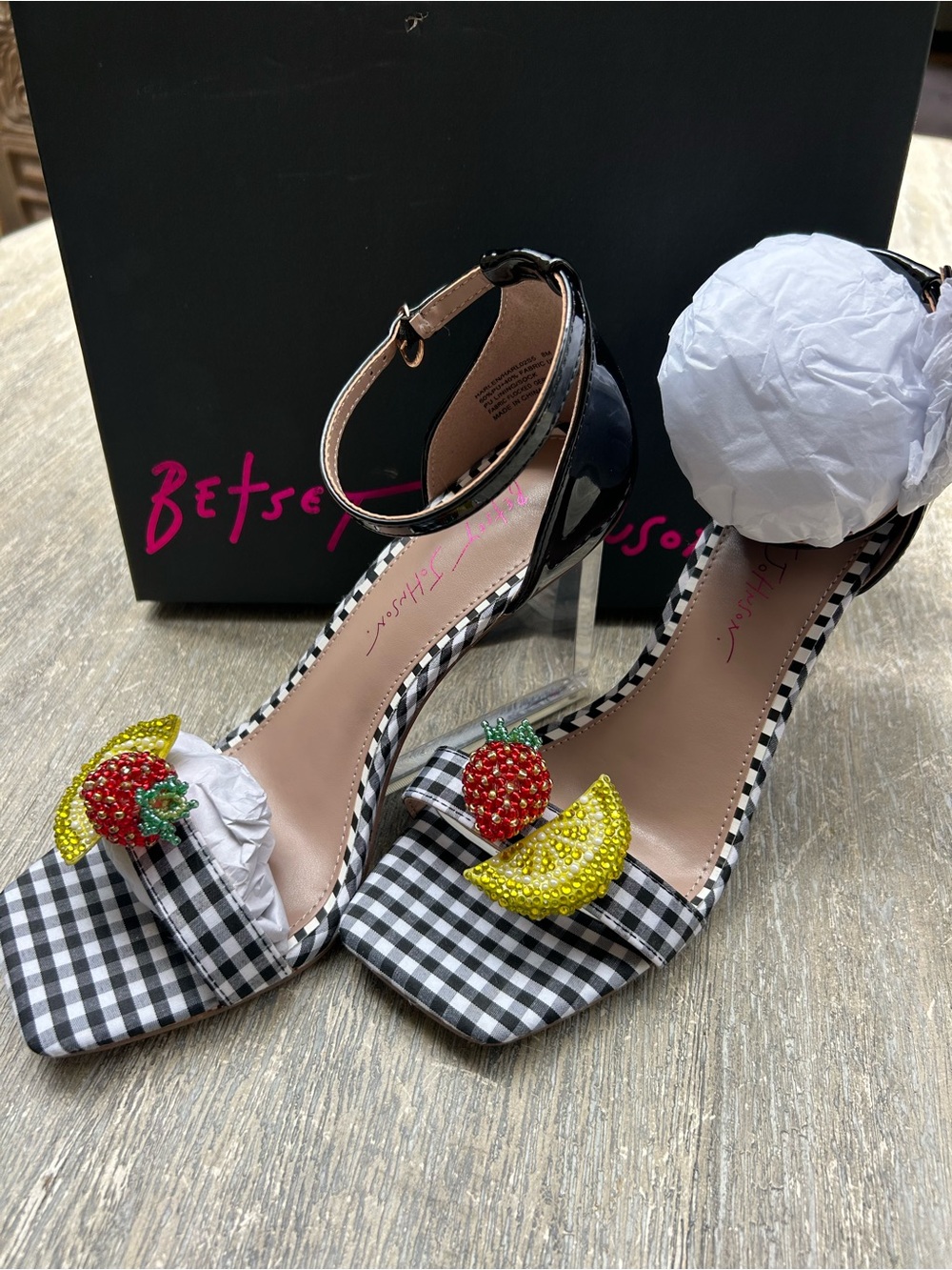 NWT - Betsey Johnson Black Gingham Heeled Sandals with Beaded Fruit Accents